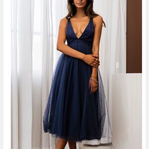 Selfie Leslie Floating by Plunging mesh overlay plunge neck dress